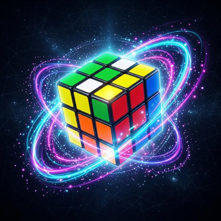 Rubik's cube with neon particle trails